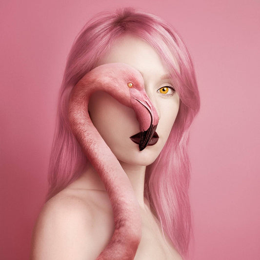Woman portrait in pink with a flamingo